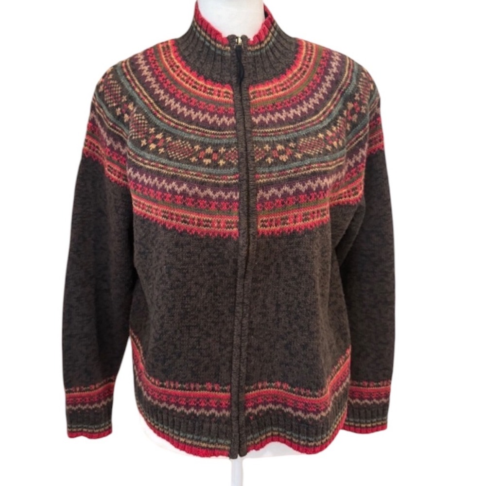 Vintage Casual Corner Annex Petite Fair Isle Zip Cardigan Sweater Gray Nordic P